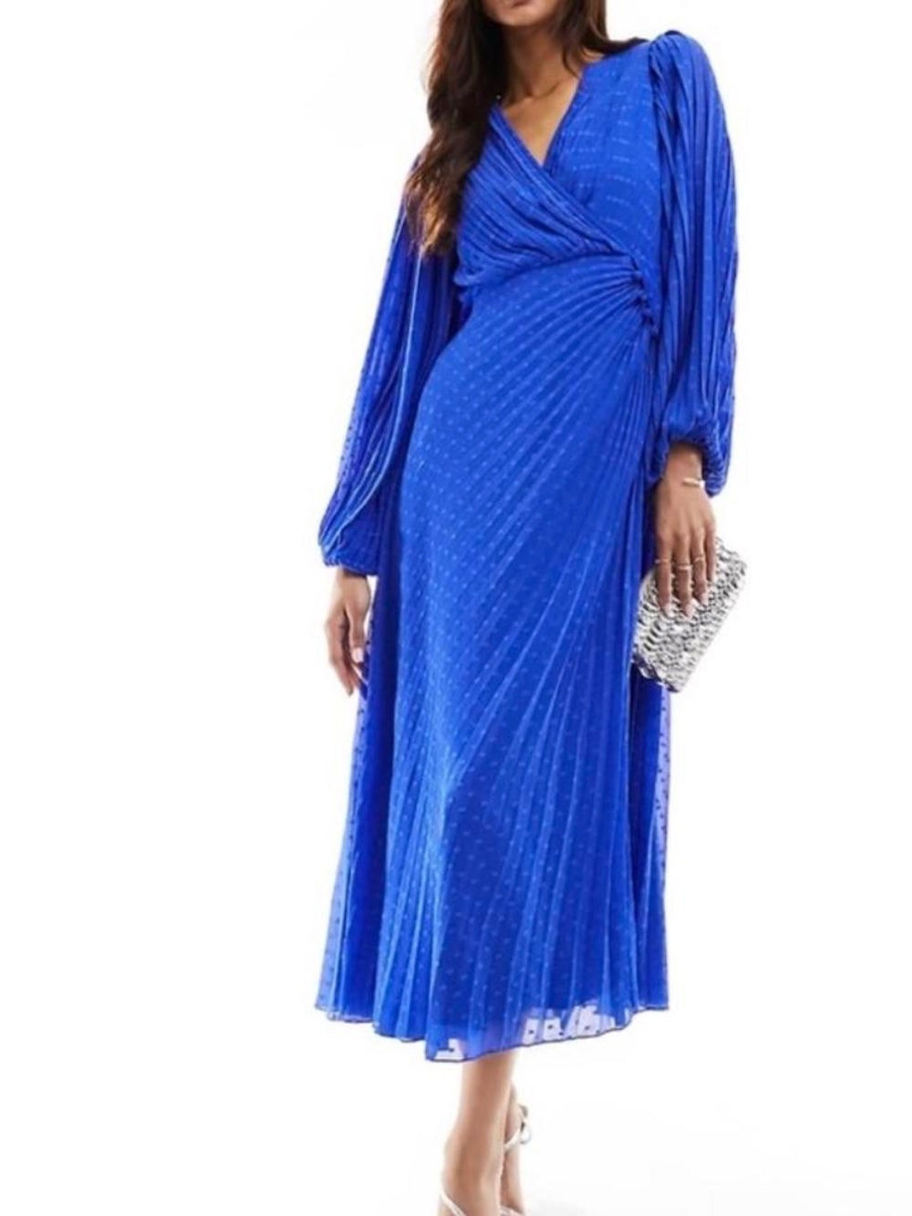ASOS DESIGN pleated chiffon wrap button detail maxi dress in cobalt Sz 8